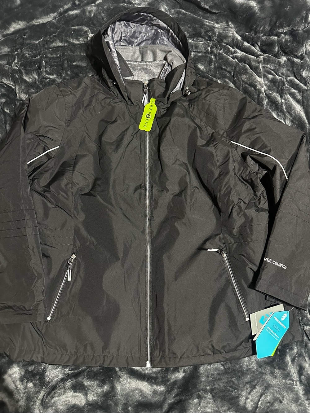 Free Country Men's Black Hooded Rain Jacket with Reflective Trim